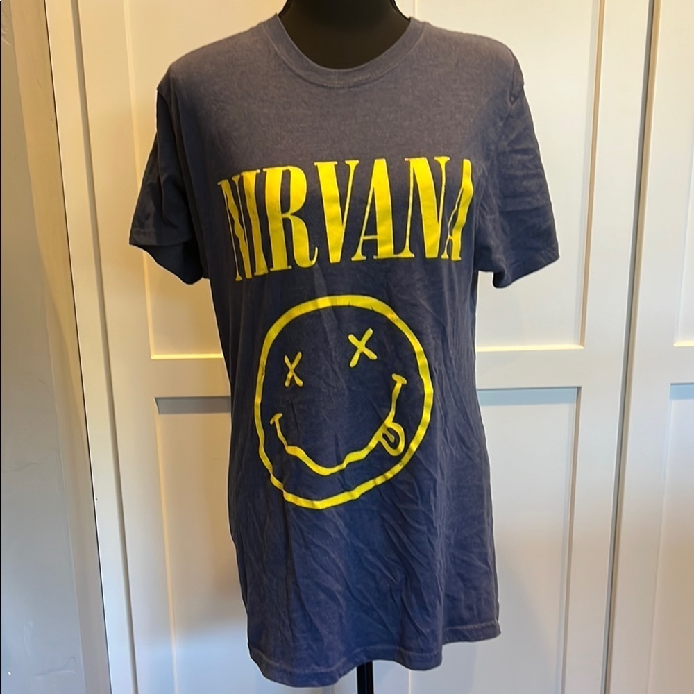Vintage NIRVANA Navy Blue Tee with Yellow Graphic L